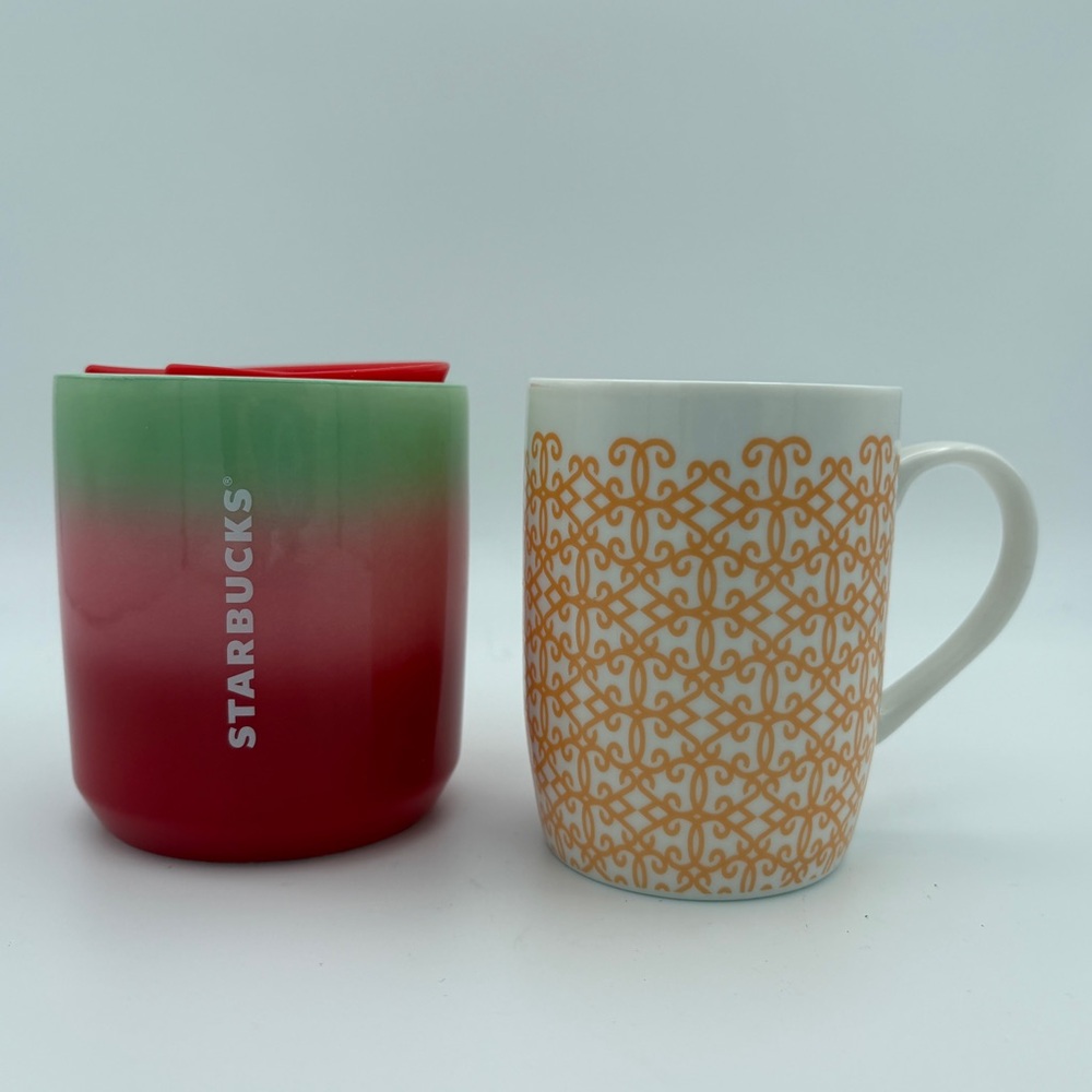 Two Starbucks Mugs Yellow Damask Pattern/Pearl Ombre Red, Pink, Green Travel Mug